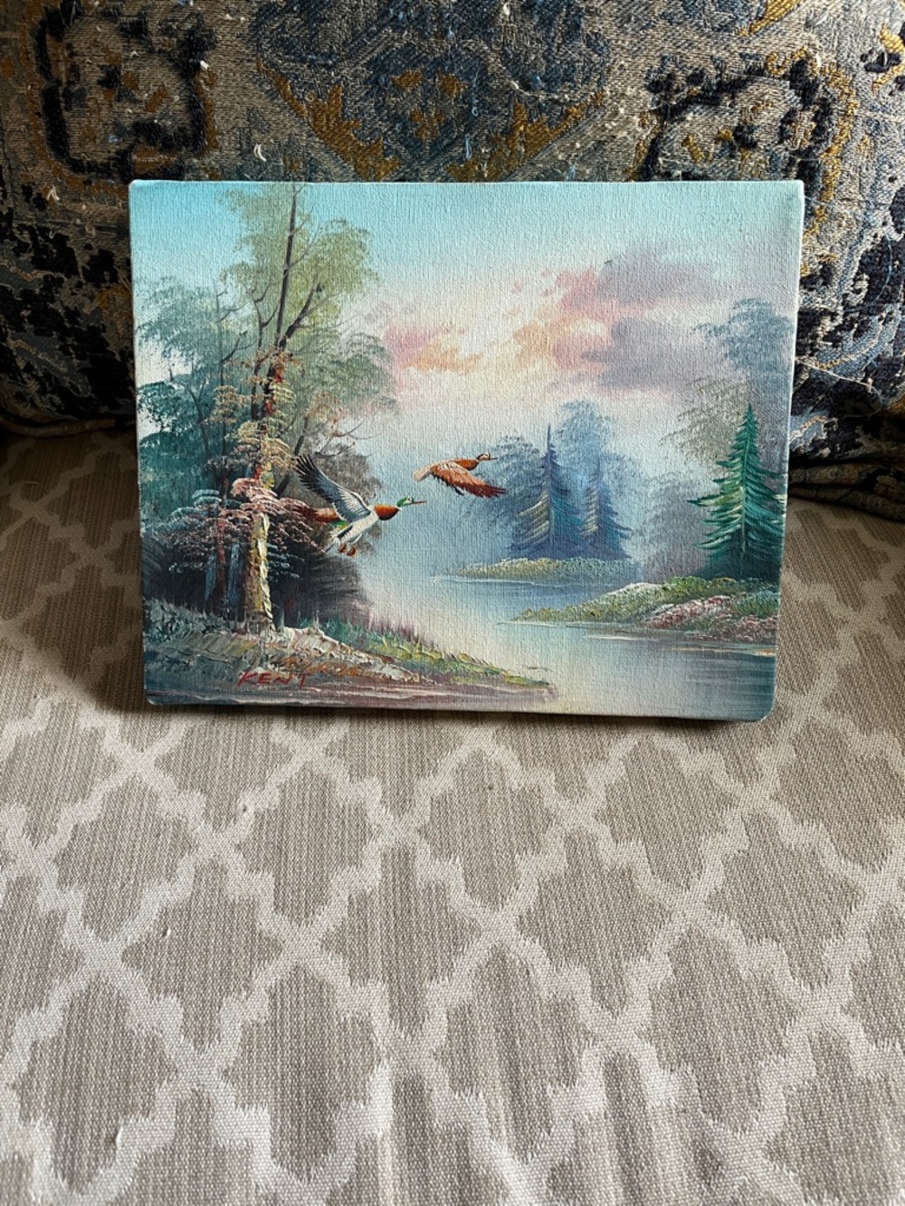 Vintage Landscape Canvas Painting with Flying Ducks water artist signed “Kent”